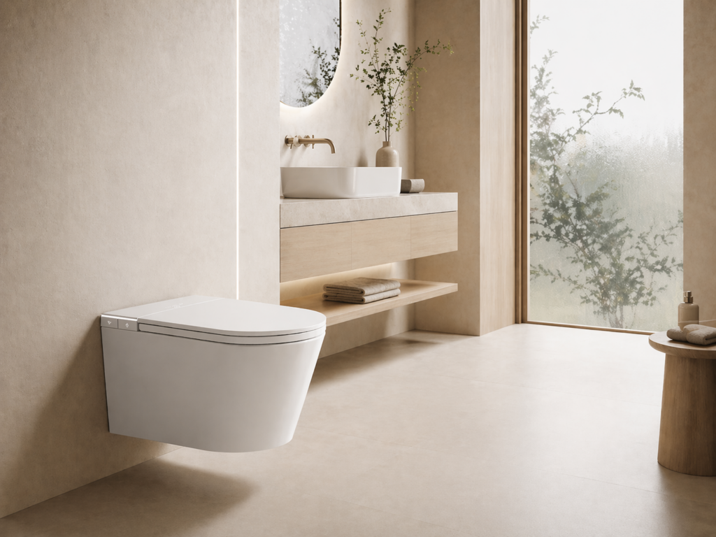 Inodoro japonés suspendido Nashi Smart Suspendido en un baño