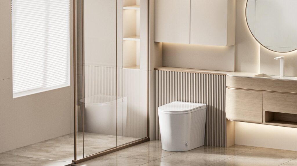 Nashi Yaiza Pro 2 en un baño claro, junto a una ducha de cristal