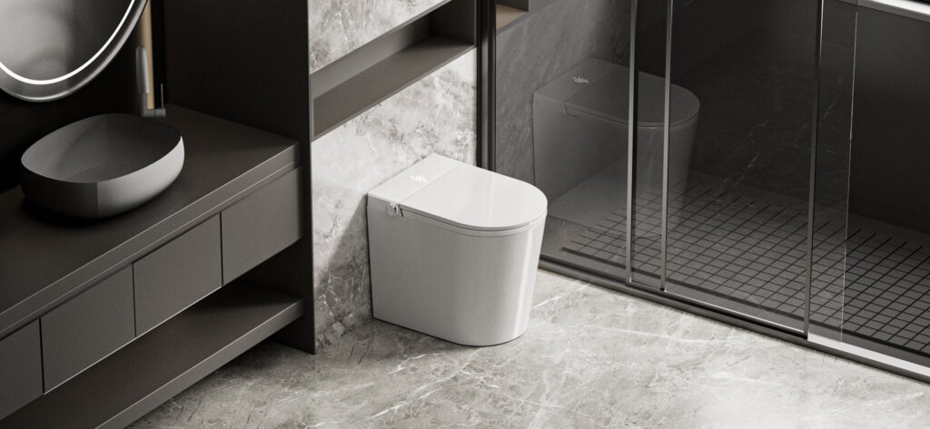 Nashi Yaiza Pro 2 en un baño gris con mueble oscuro